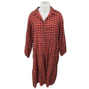 Violet Red Black Plaid Checkered Long Sleeve Button Tiered Midi Shirt Dress 18